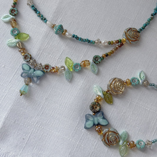Butterfly Reverie · Light Blue Czech Glass Vintage Style Necklace
