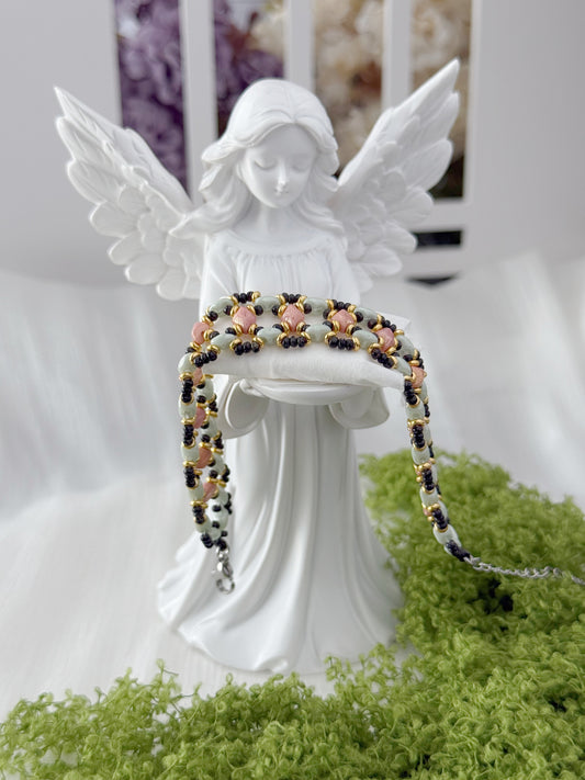 Green & Pink Botanical Czech Glass Beaded Bracelet