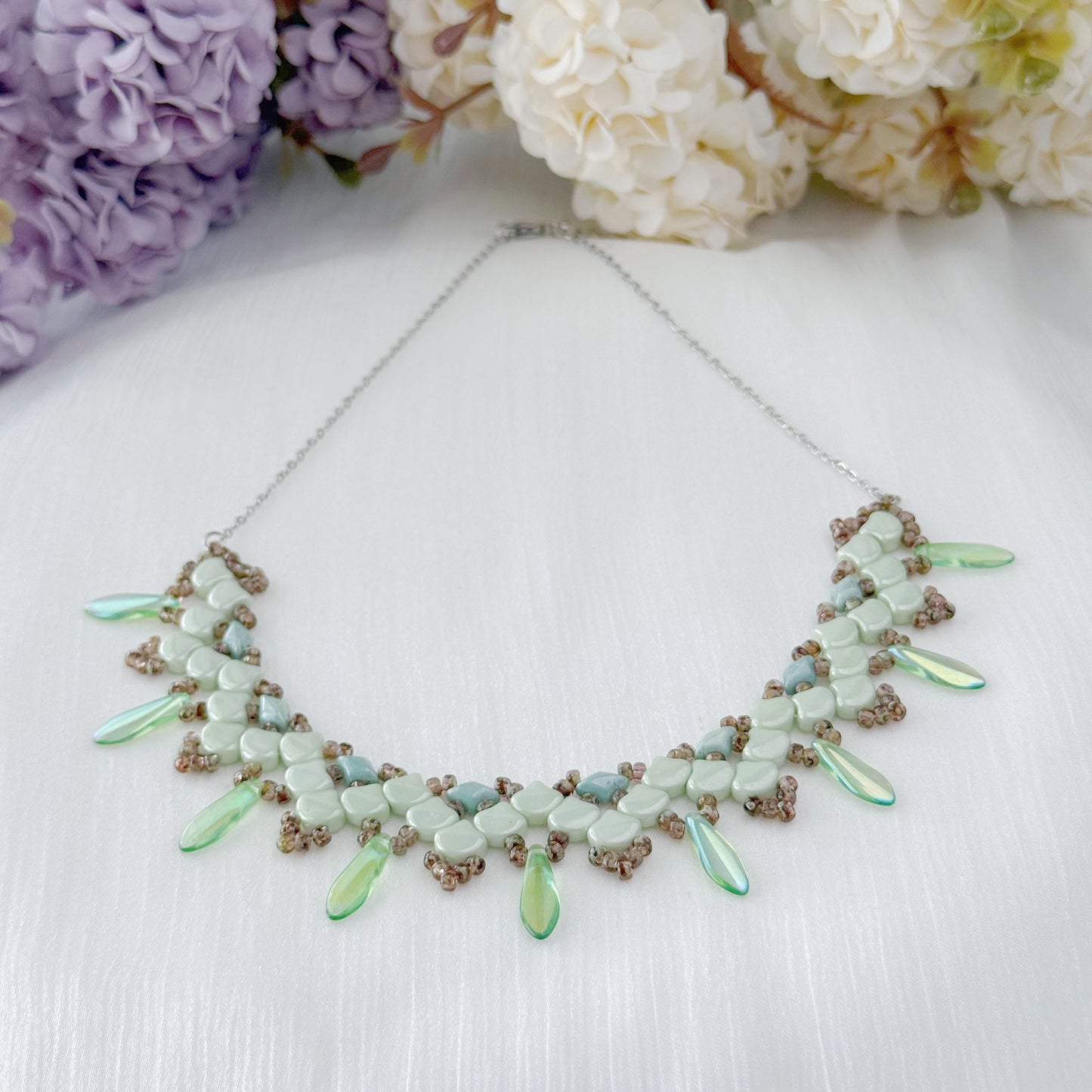 Mint Green Czech Glass Botanical Beaded Necklace