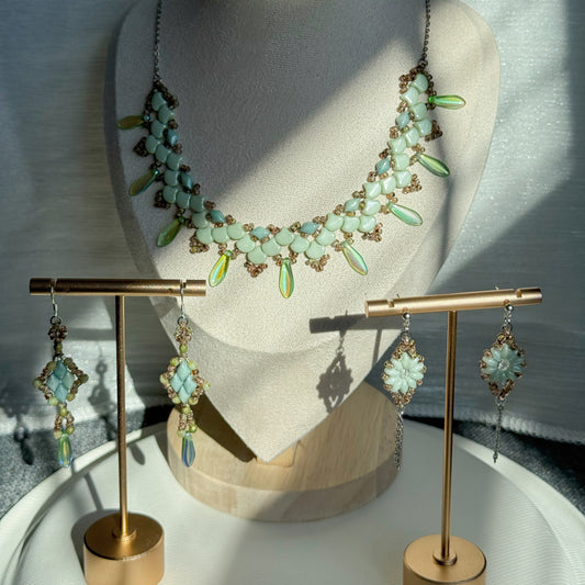 Mint Green Czech Glass Botanical Beaded Necklace and Earrings