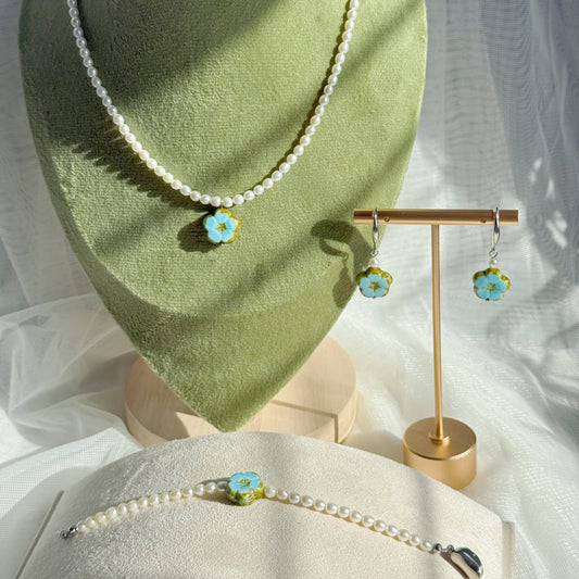 near round freshwater pearl jewelry set with high luster smooth surface pearls and czech glass floral necklace earrings and bracelet