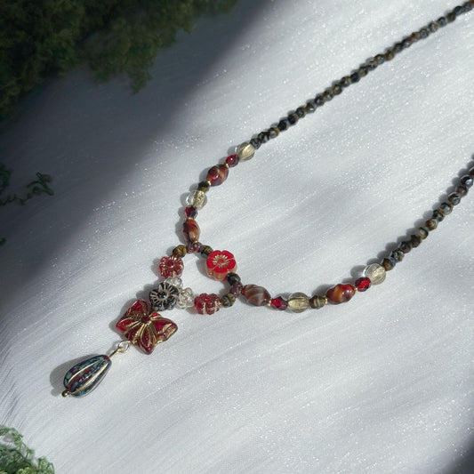 czech glass beaded necklace with red floral beads vintage butterfly pendant and teardrop charm handmade jewelry