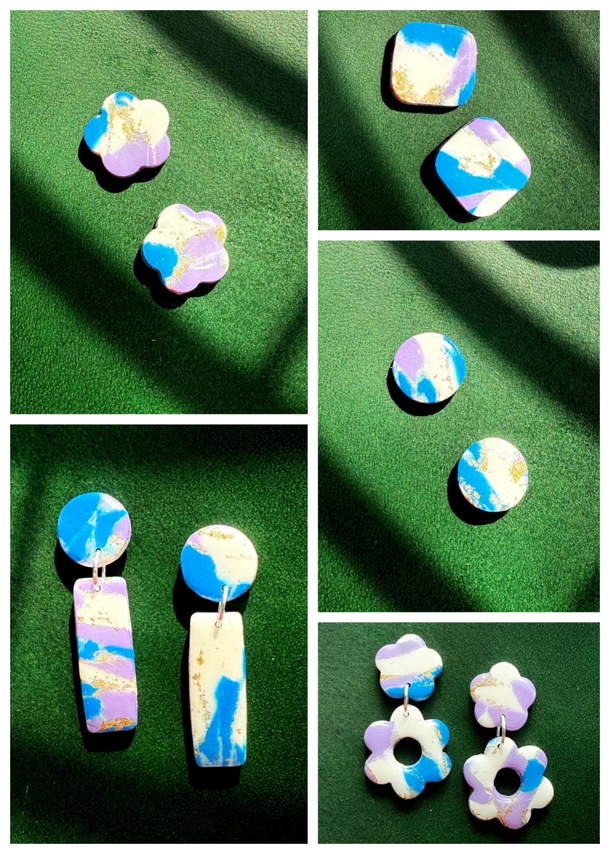 Collage of colorful marble effect earrings on a green leather background