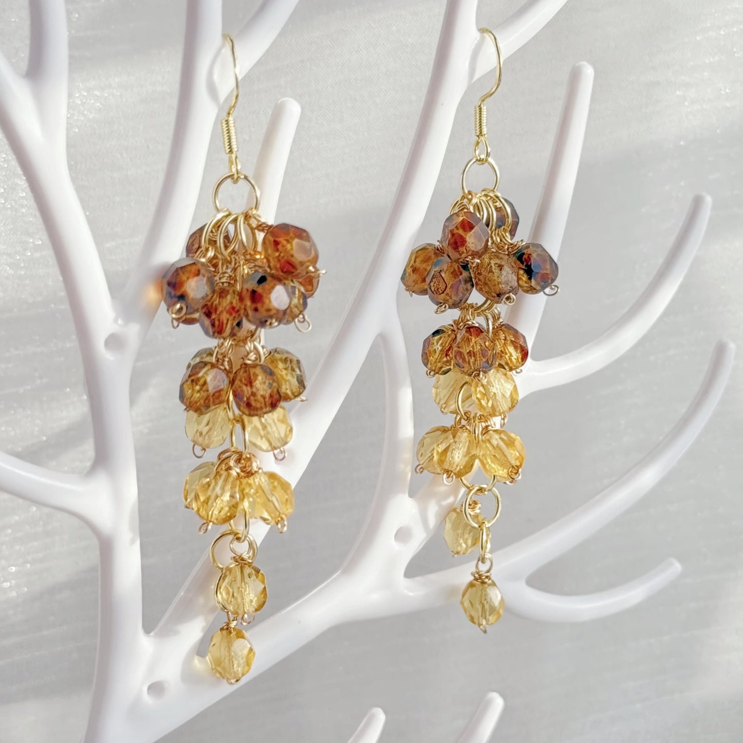 Amber Layered Czech Glass Cluster Earrings