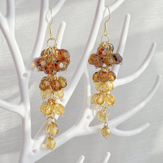 Amber Layered Czech Glass Cluster Earrings