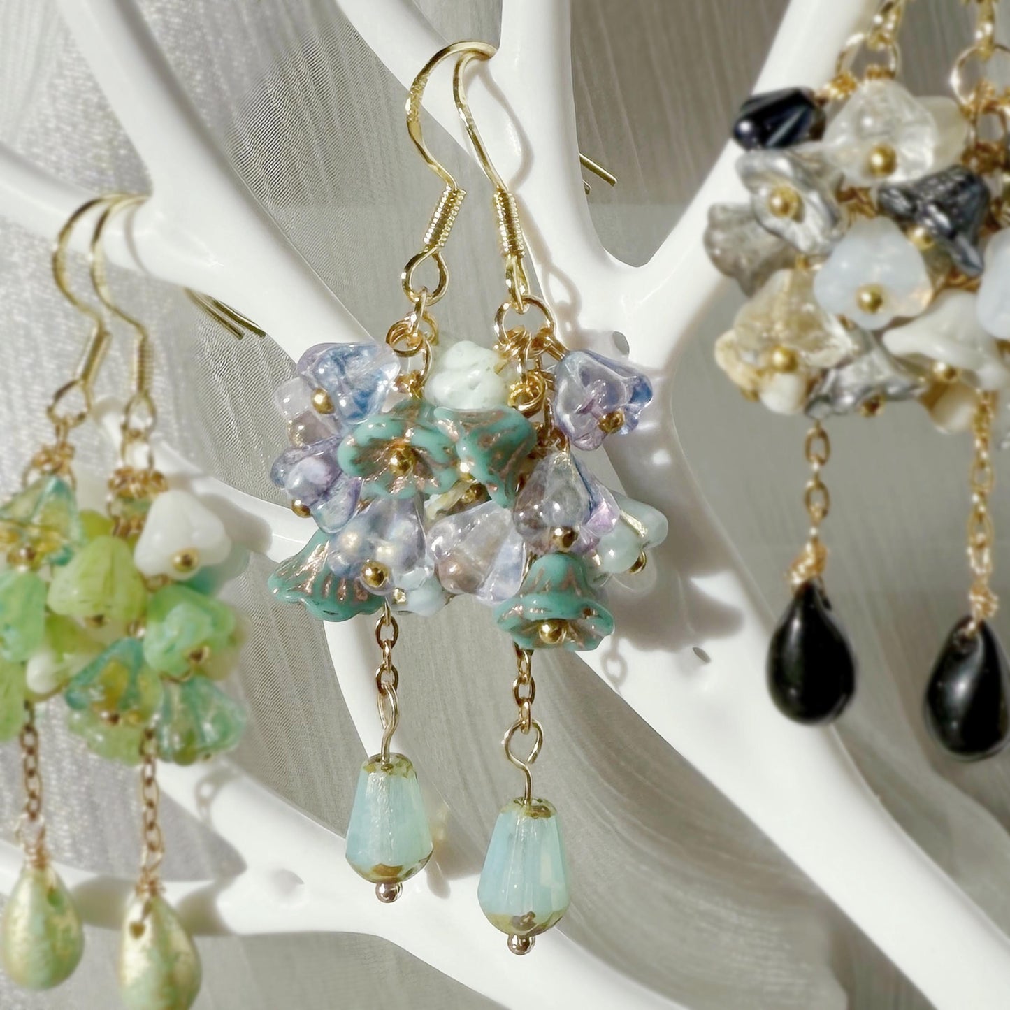 Czech Glass Flower Cluster Dangle Earrings