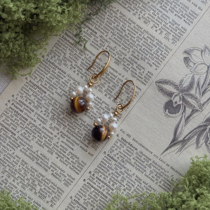 Woodland Glow · Freshwater pearl & Tiger's Eye Earrings