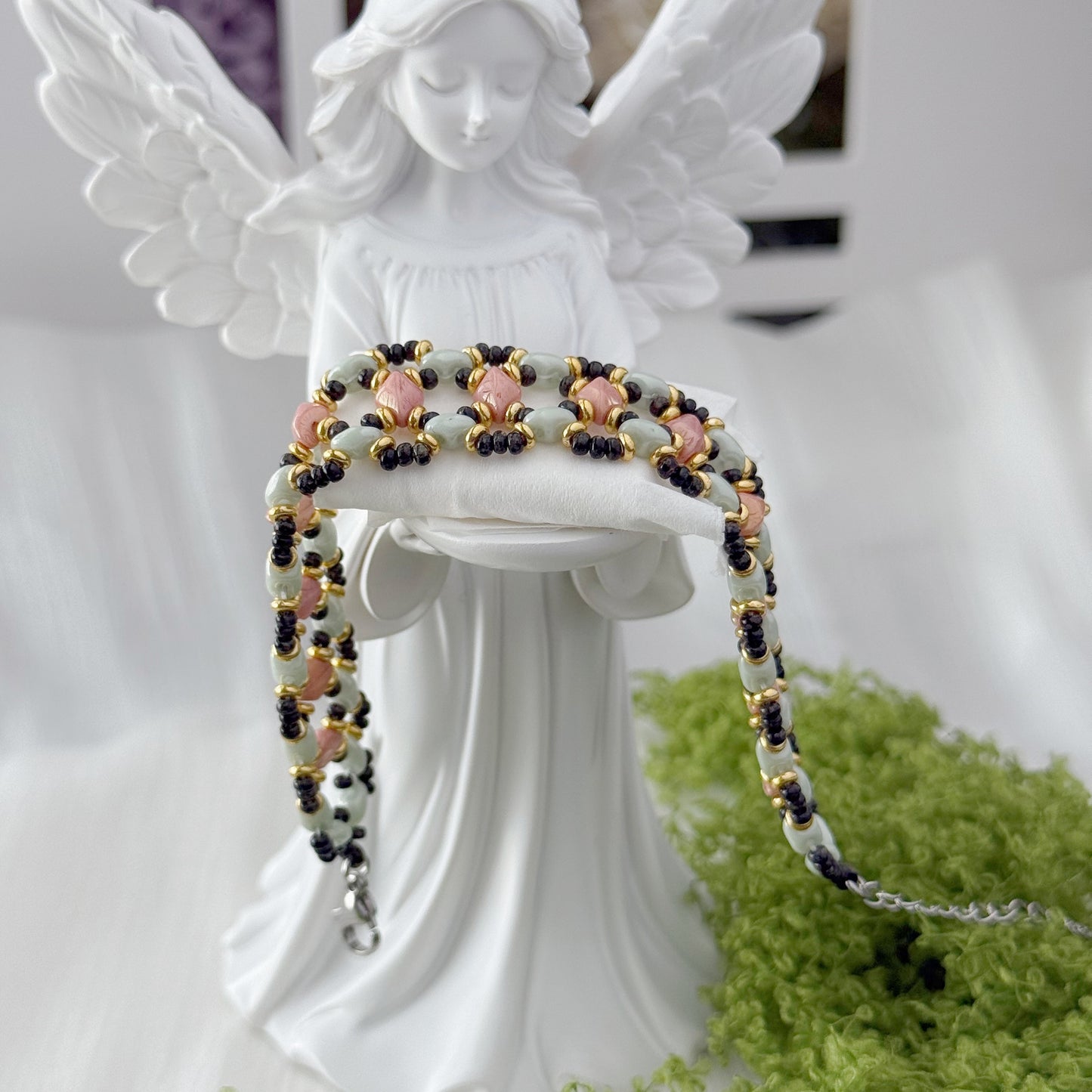 Green & Pink Botanical Czech Glass Beaded Bracelet