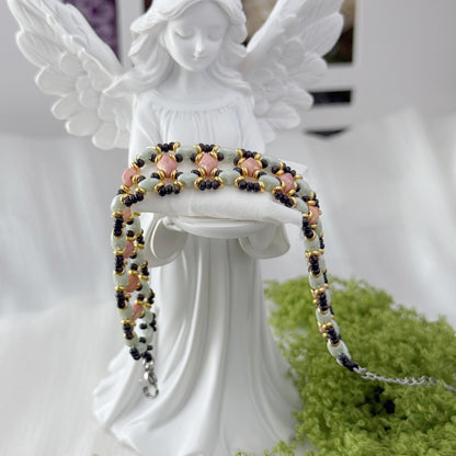 Green & Pink Botanical Czech Glass Beaded Bracelet