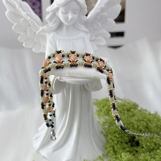 Green & Pink Botanical Czech Glass Beaded Bracelet