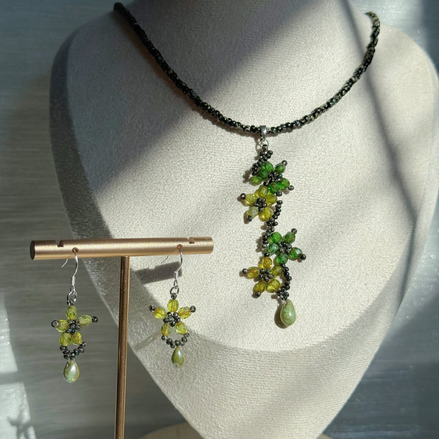 Olive Green Floral Necklace & Earrings Set