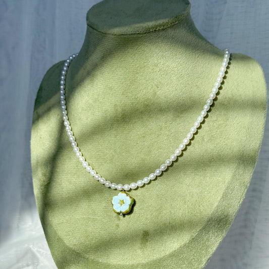 near round freshwater pearl necklace with high luster smooth surface pearls and czech glass flower pendant handmade jewelry