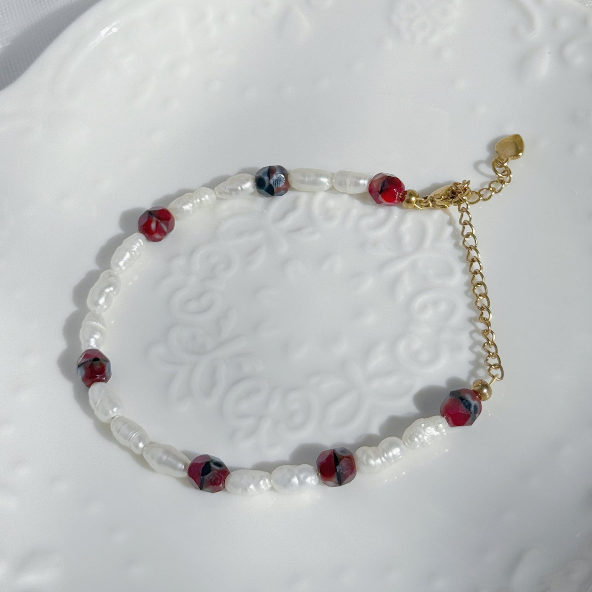 baroque pearl beaded bracelet with czech glass fire polished beads in black red tones handmade jewelry