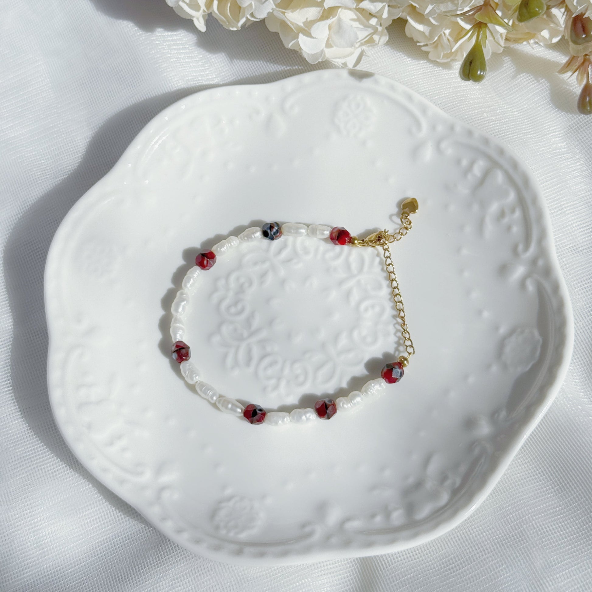 baroque pearl beaded bracelet with czech glass fire polished beads in black red tones handmade jewelry