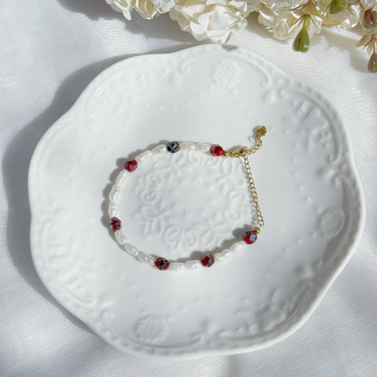 baroque pearl beaded bracelet with czech glass fire polished beads in black red tones handmade jewelry