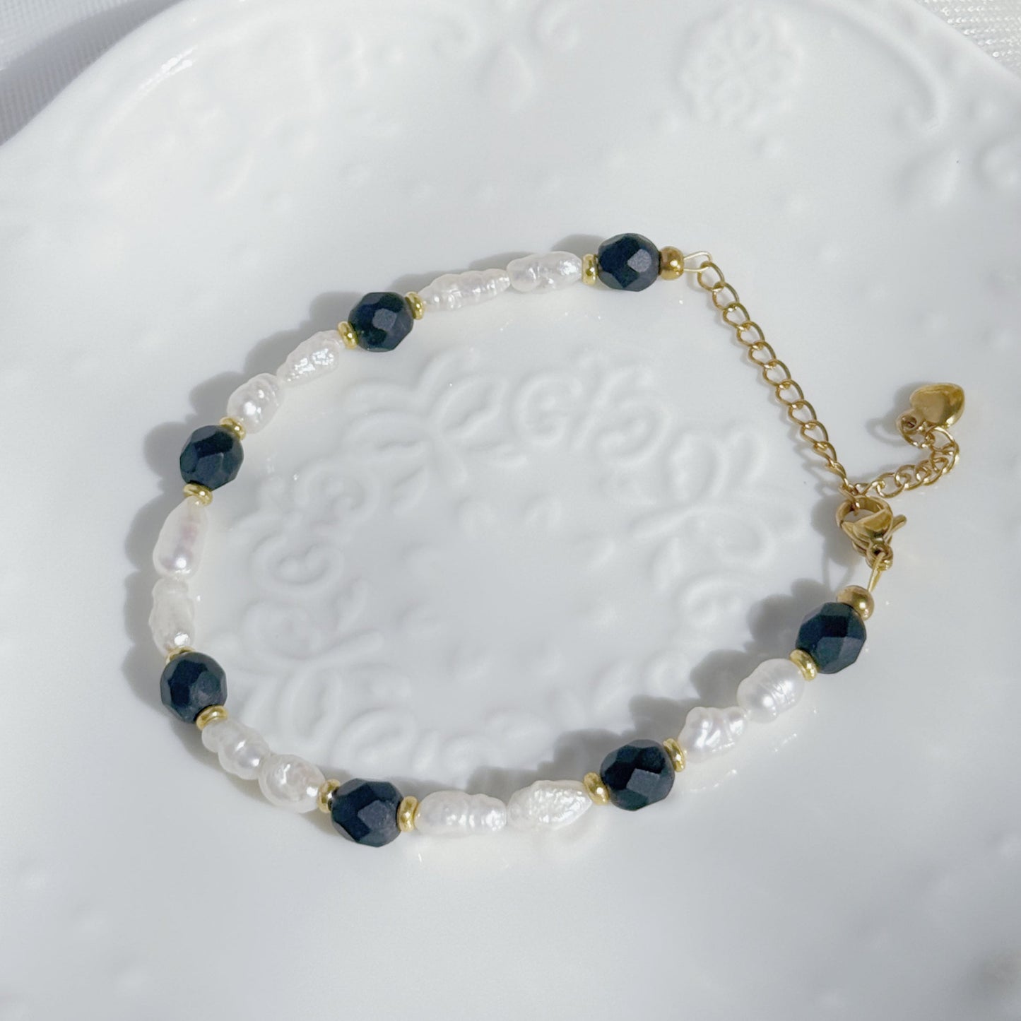 baroque pearl beaded bracelet with czech glass fire polished beads in black tones handmade jewelry