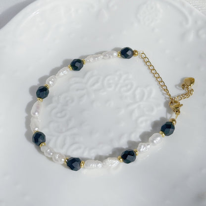 baroque pearl beaded bracelet with czech glass fire polished beads in black tones handmade jewelry