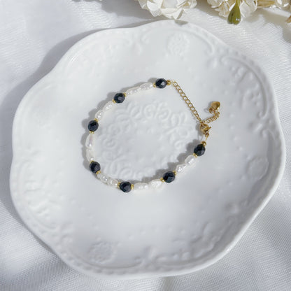 baroque pearl beaded bracelet with czech glass fire polished beads in black tones handmade jewelry