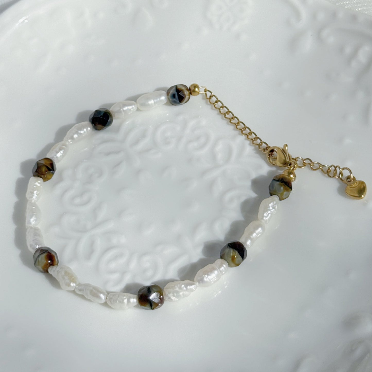 baroque pearl beaded bracelet with czech glass fire polished beads in neutral tones handmade jewelry