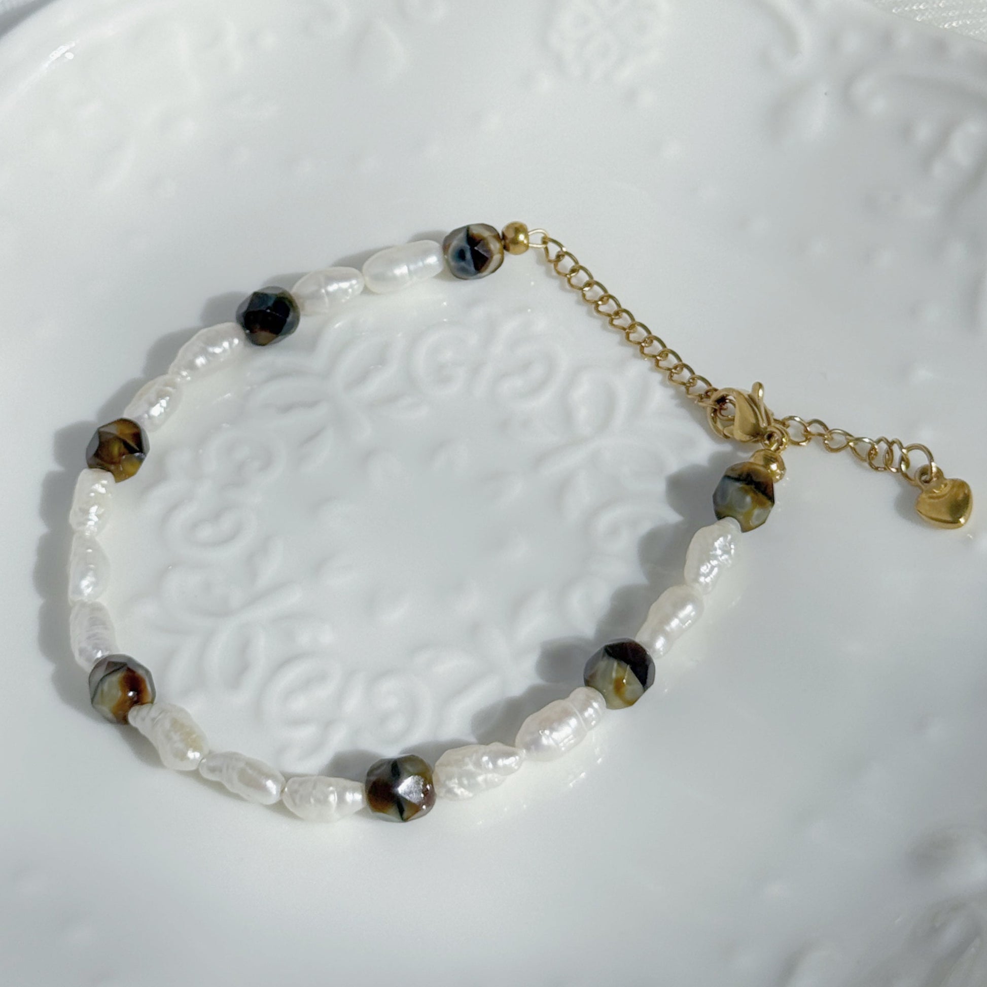 baroque pearl beaded bracelet with czech glass fire polished beads in neutral tones handmade jewelry