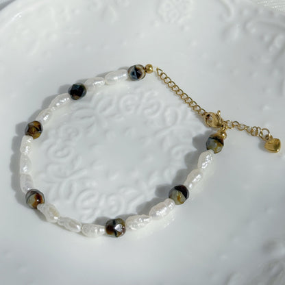 baroque pearl beaded bracelet with czech glass fire polished beads in neutral tones handmade jewelry