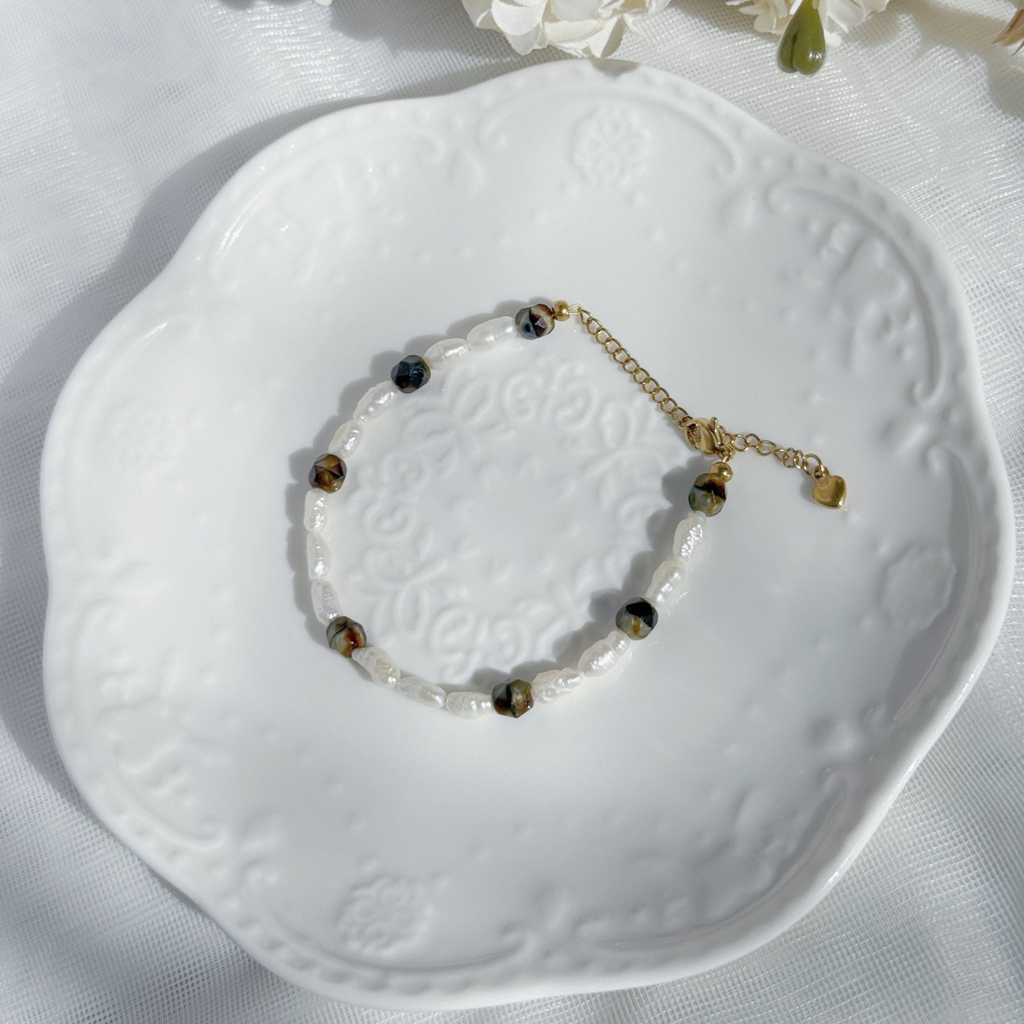 baroque pearl beaded bracelet with czech glass fire polished beads in neutral tones handmade jewelry
