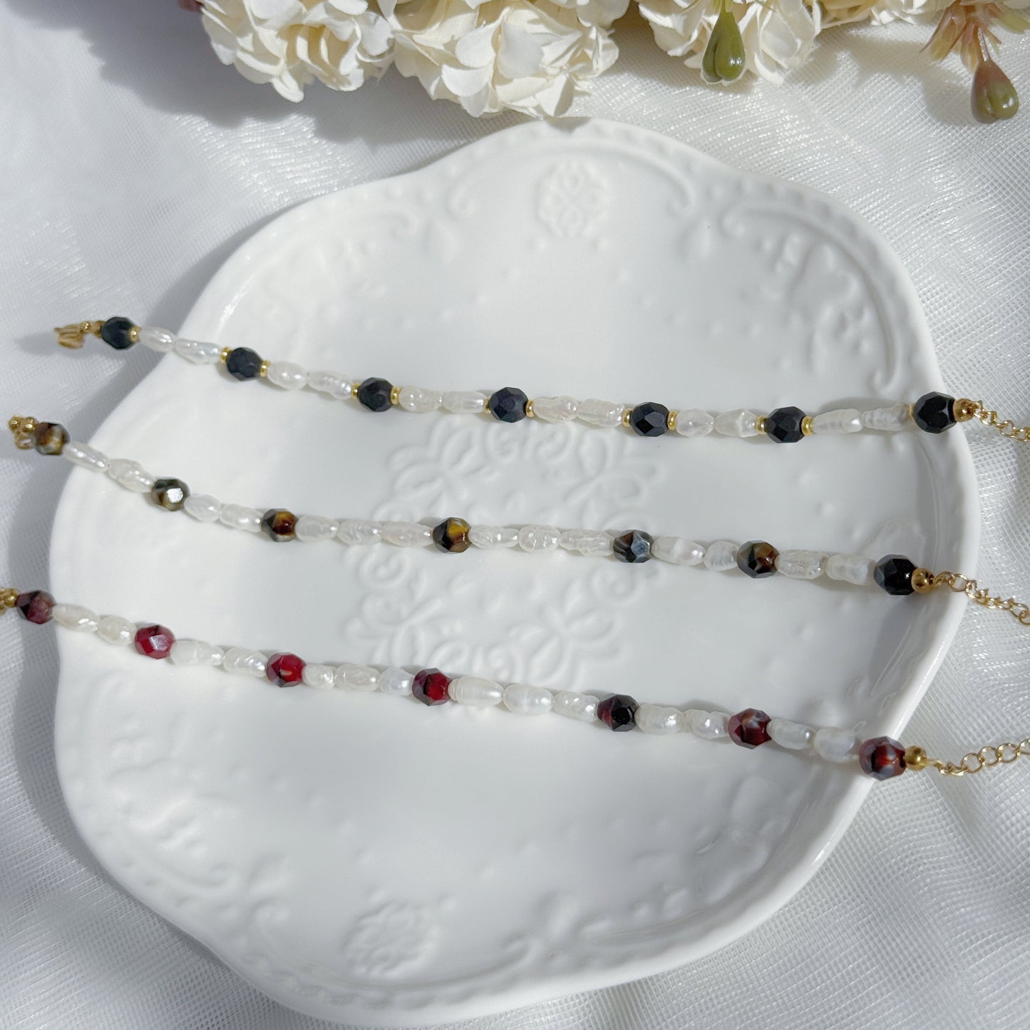 baroque pearl beaded bracelet with czech glass fire polished beads in black red and neutral tones handmade jewelry