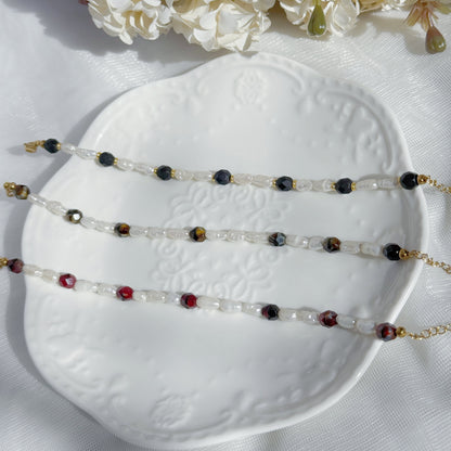 baroque pearl beaded bracelet with czech glass fire polished beads in black red and neutral tones handmade jewelry