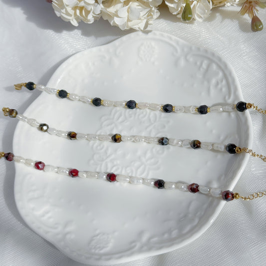 baroque pearl beaded bracelet with czech glass fire polished beads in black red and neutral tones handmade jewelry