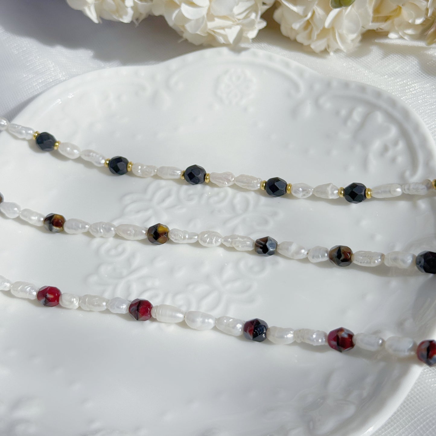 baroque pearl beaded bracelet with czech glass fire polished beads in black red and neutral tones handmade jewelry