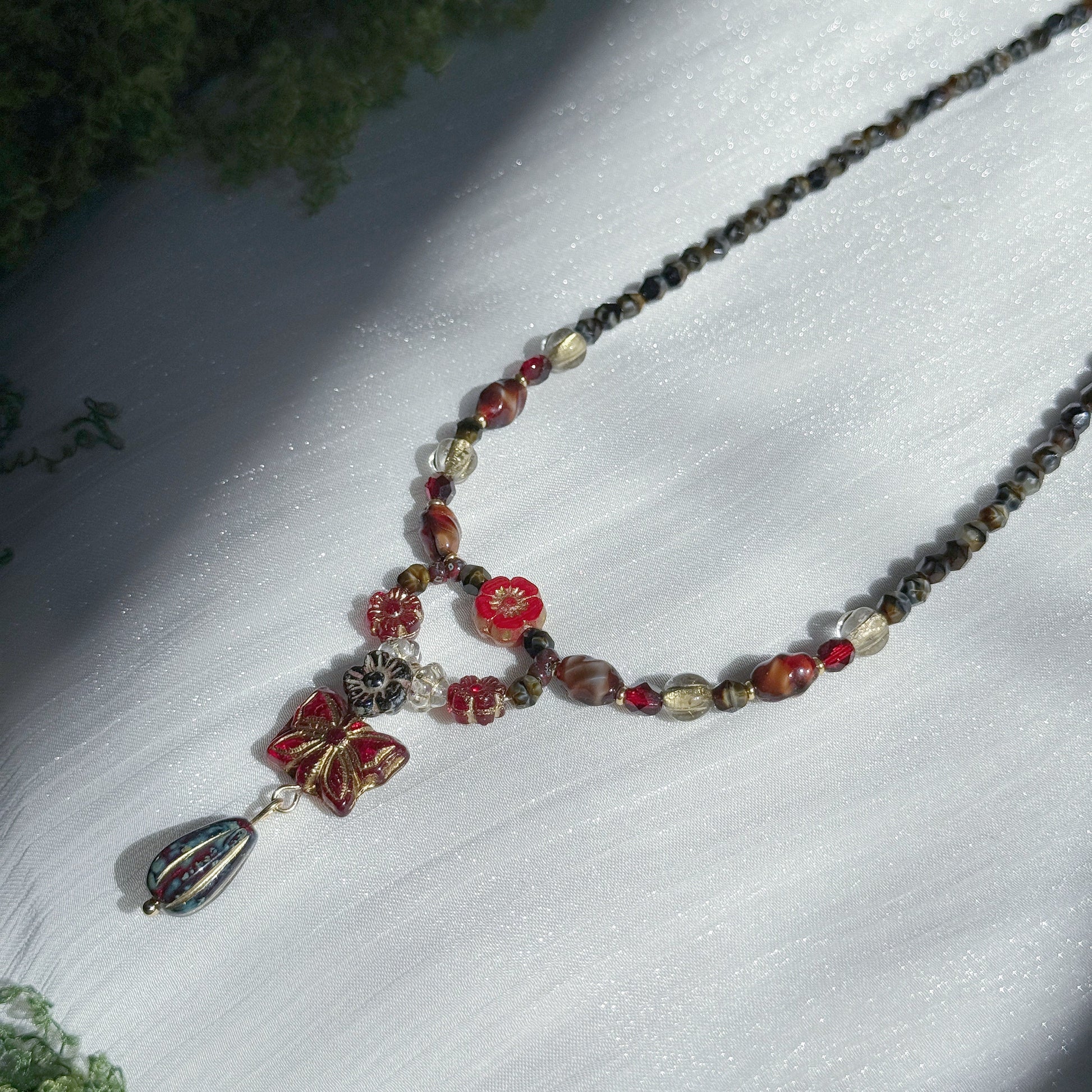 czech glass beaded necklace with red floral beads vintage butterfly pendant and teardrop charm handmade jewelry