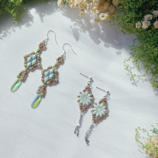 handmade czech glass beaded drop earrings in mint green floral and diamond designs with delicate dangle details