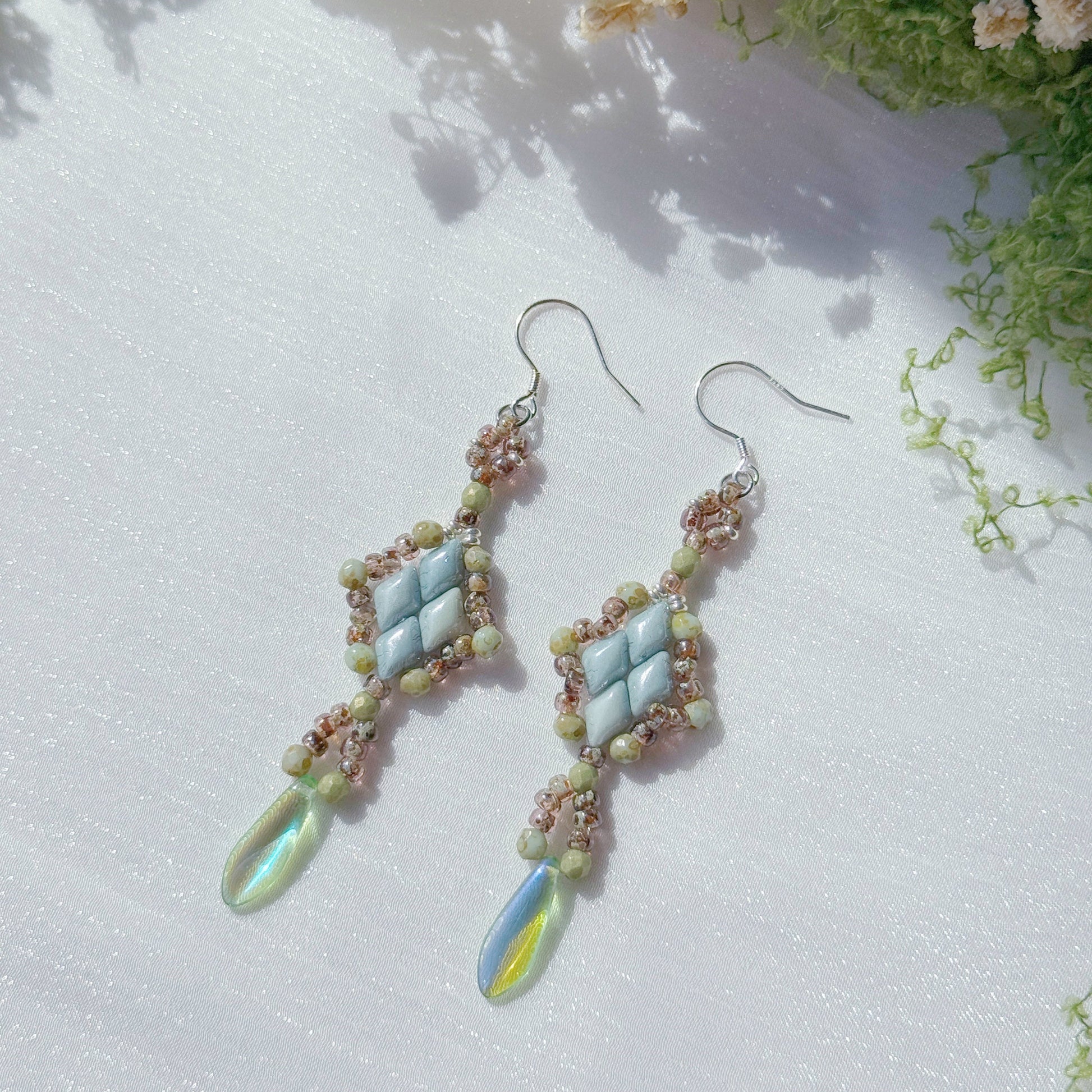 czech glass beaded earrings with diamond pattern and iridescent teardrop dangle handmade jewelry