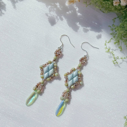 czech glass beaded earrings with diamond pattern and iridescent teardrop dangle handmade jewelry