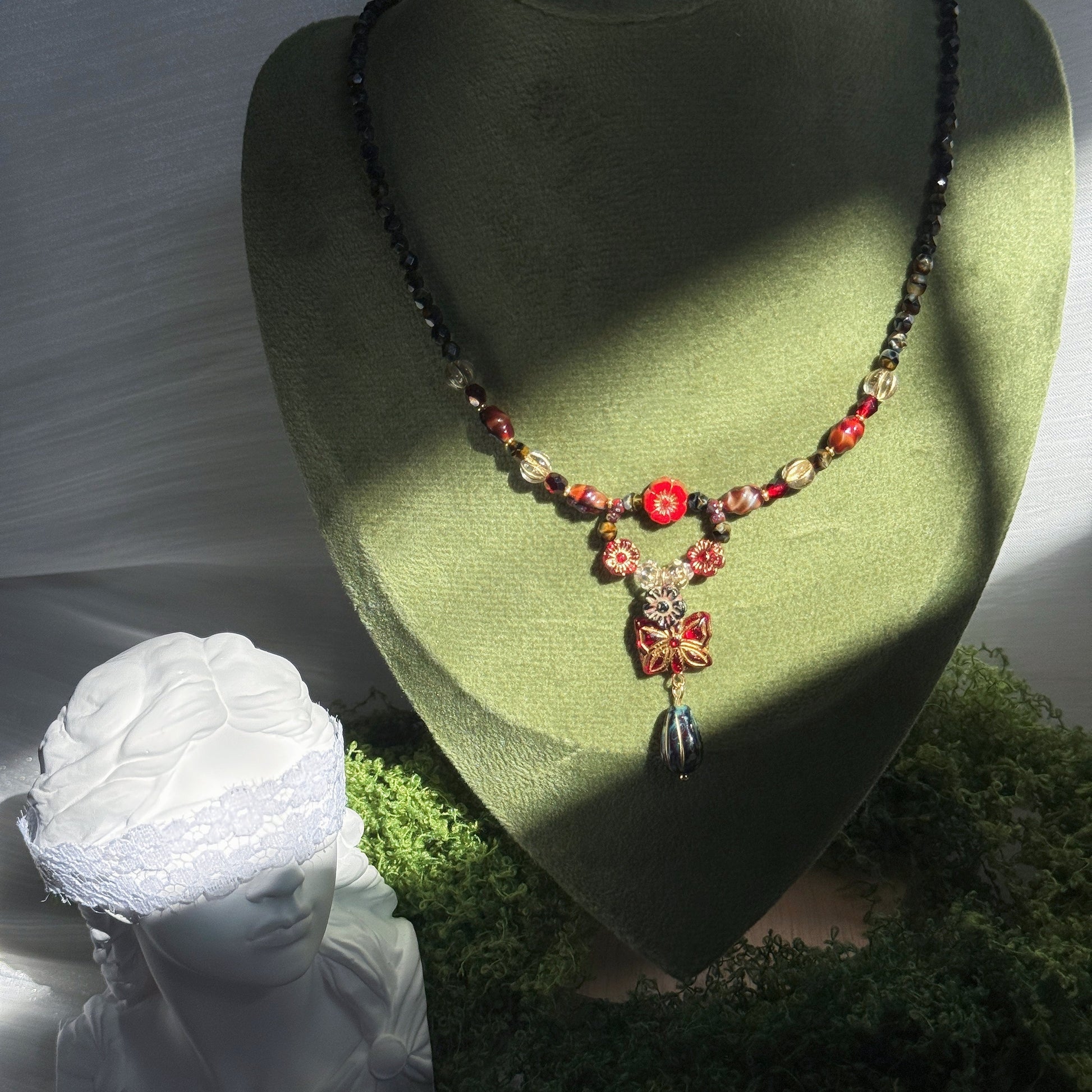 czech glass beaded necklace with red floral beads vintage butterfly pendant and teardrop charm handmade jewelry